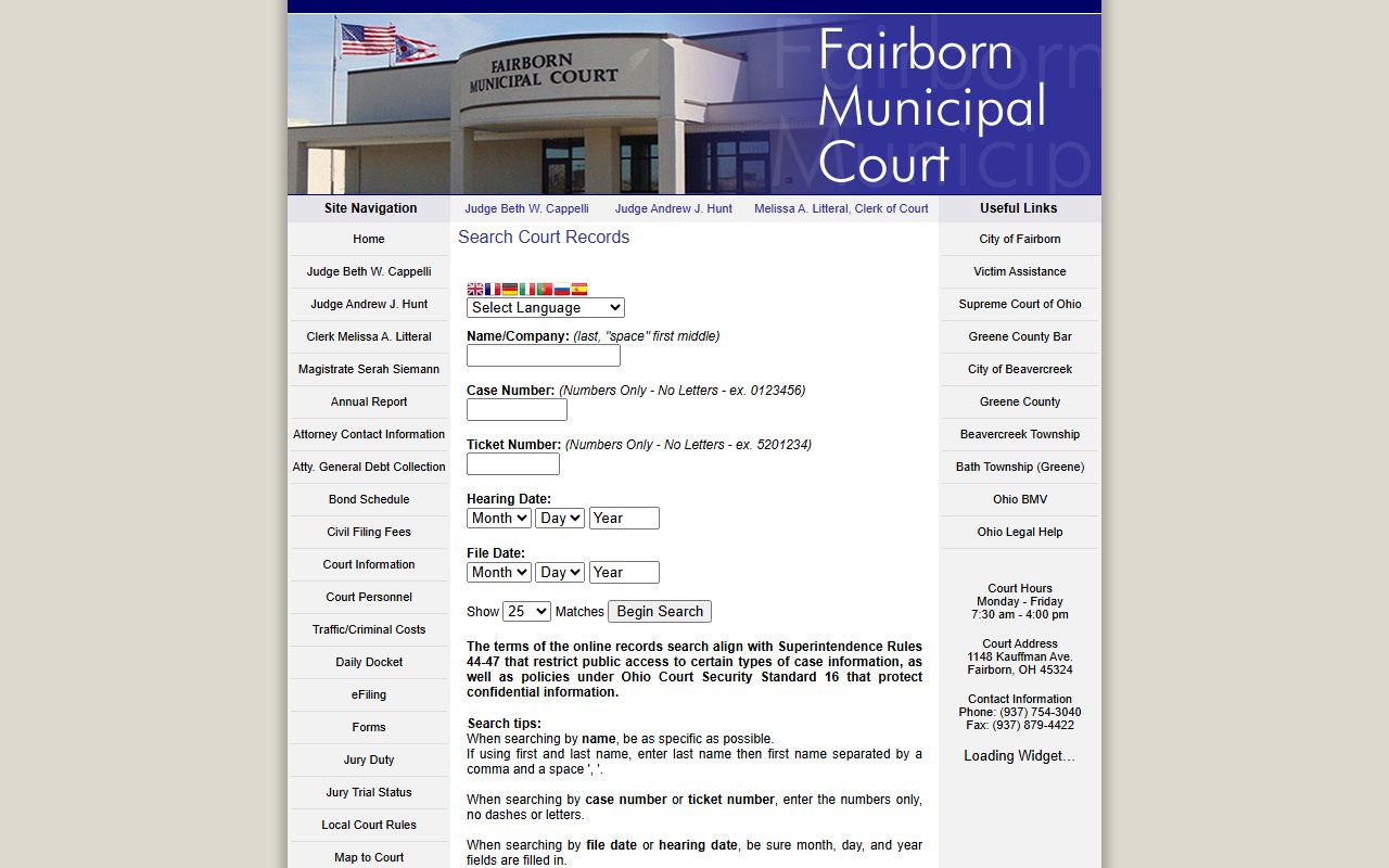Fairborn Municipal Court case search form and search tips