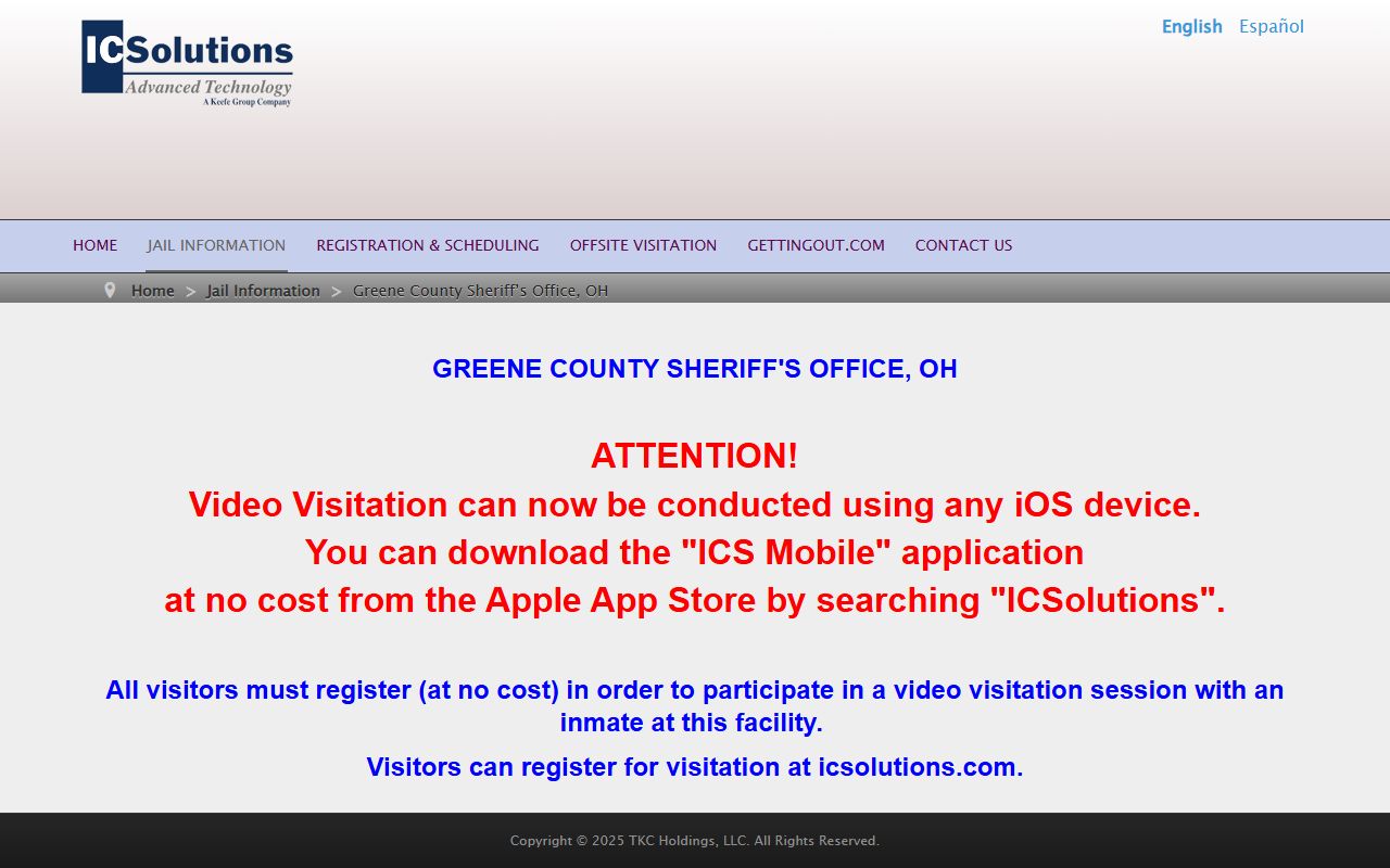 ICSolutions video visitation page for Greene County Sheriff's Office