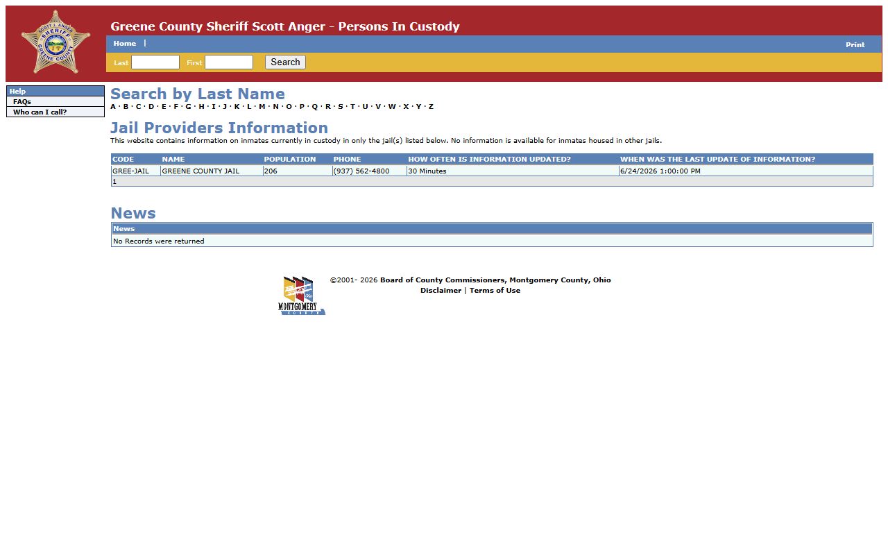 Miami Valley Jails Greene County current custody roster provider table