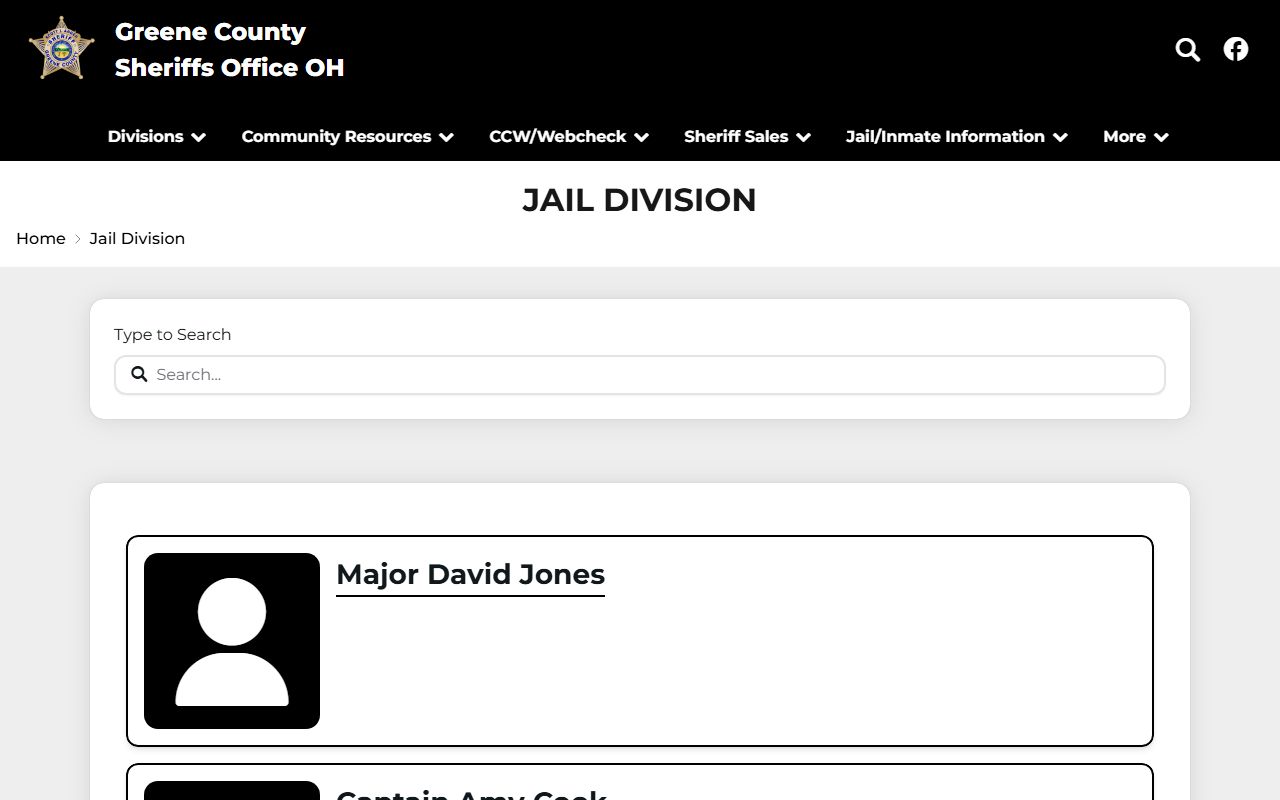 Greene County Sheriff Jail Division page with jail and inmate information links